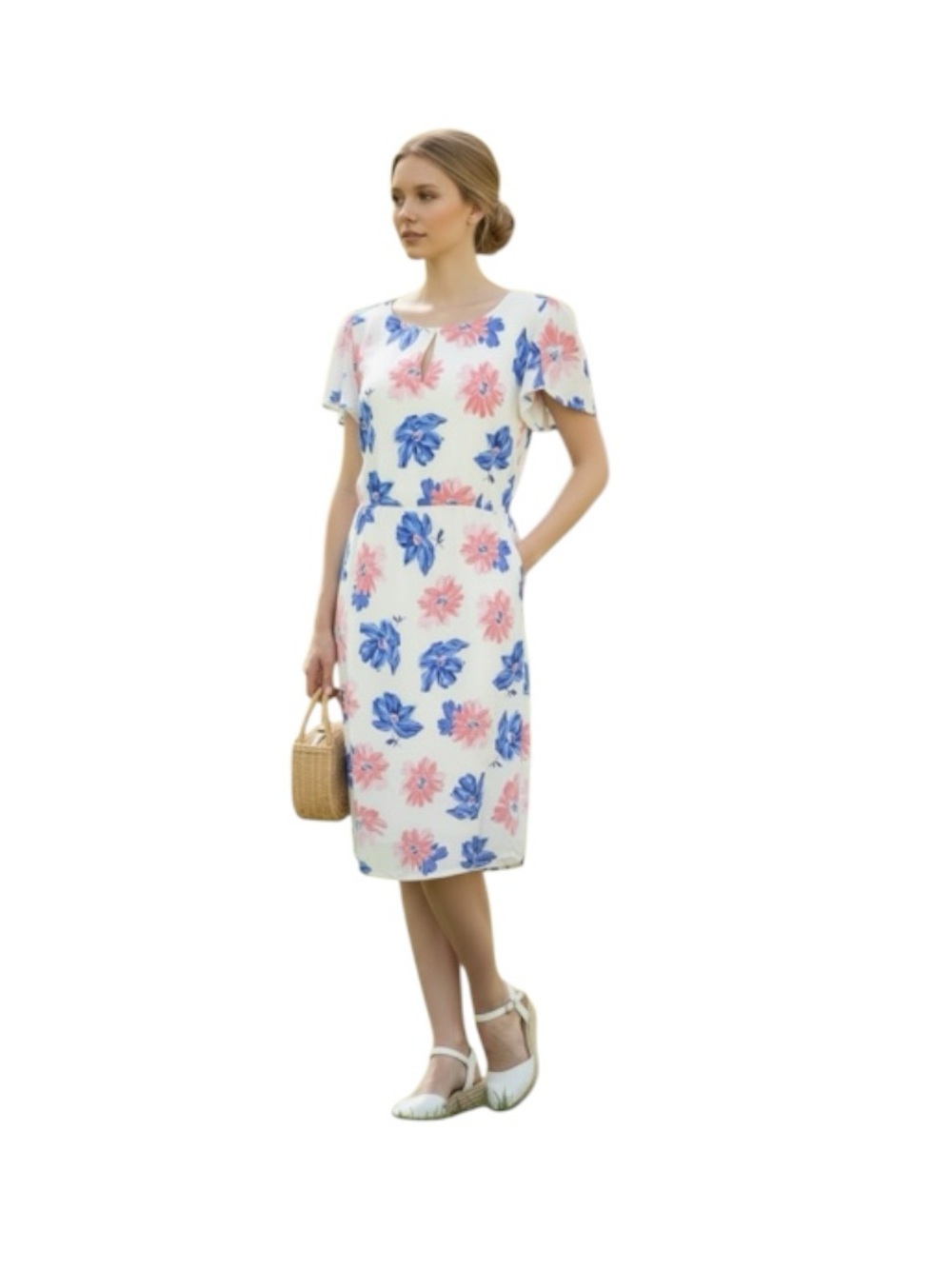 Cath Kidston Floral White Dress Pink Blue *8 UK/4 US Short Sleeve Feminine Retro